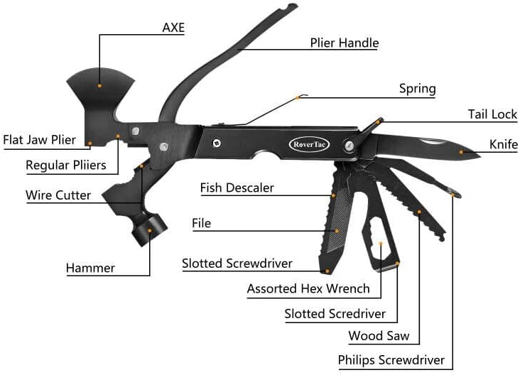 RoverTac 14-in-1 Multitool Camping Axe – Multi Tool with Knife, Hammer, Saw, Screwdrivers, Bottle Opener – Camping Tool with Sheath – Tool Gifts for Men, Dad, Husband, and Outdoor Enthusiasts. - Image 2